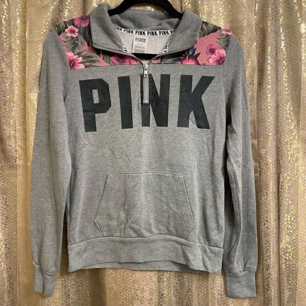PINK Victorias Secret Gray Tropical 1/4 Zip Pullover Sweater XS